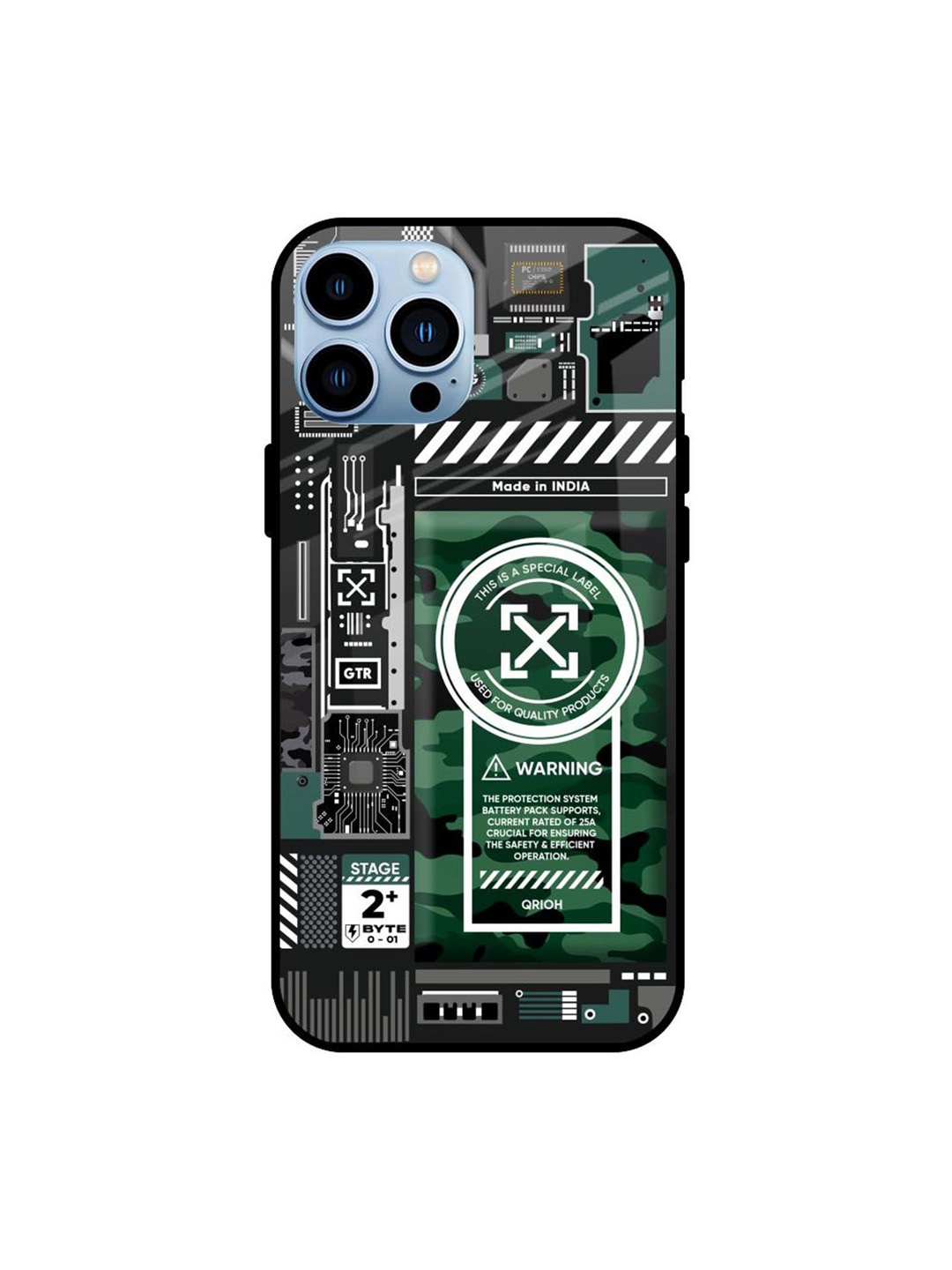 

QRIOH Green Camo Circuit Printed iPhone 13 Pro Back Case, Black