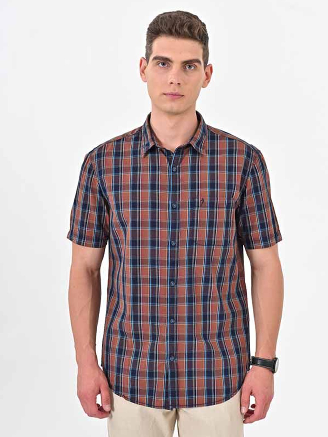 

Indian Terrain Men Classic Slim Fit Tartan Checks Opaque Checked Casual Shirt, Brown