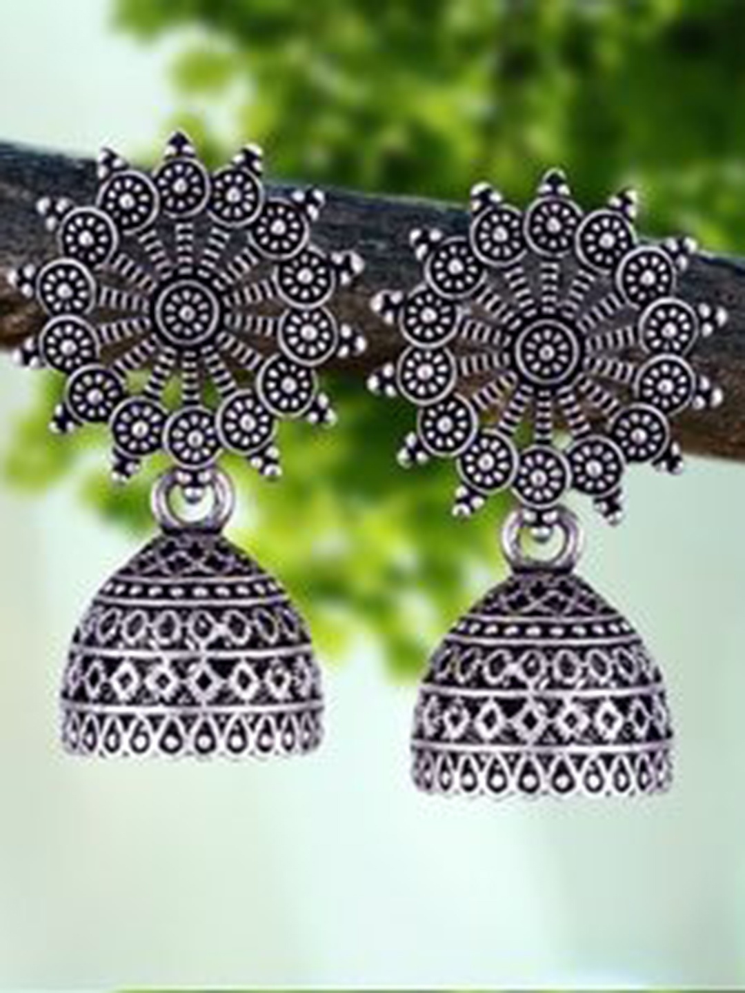

DIVASTRI Set Of 5 Silver-Plated Floral Shaped Oxidised Jhumkas