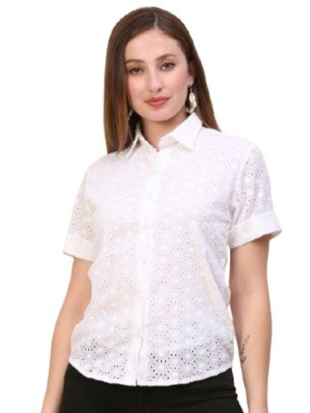 

JC JUMMY COUTURE Women Self Design Shirt Collar Neck Roll Up Sleeves Shirt Style Top, White