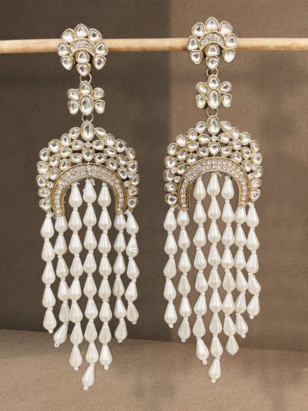 

TANLOOMS Gold-Plated Artificial Stones Studded & Beaded Tasselled Drop Earrings