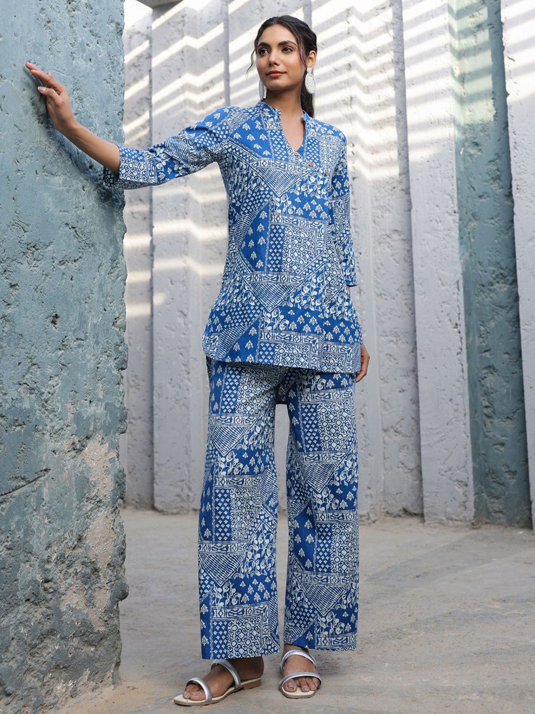 

JISORA Printed Pure Cotton Top & Trouser Co-ord Set, Blue