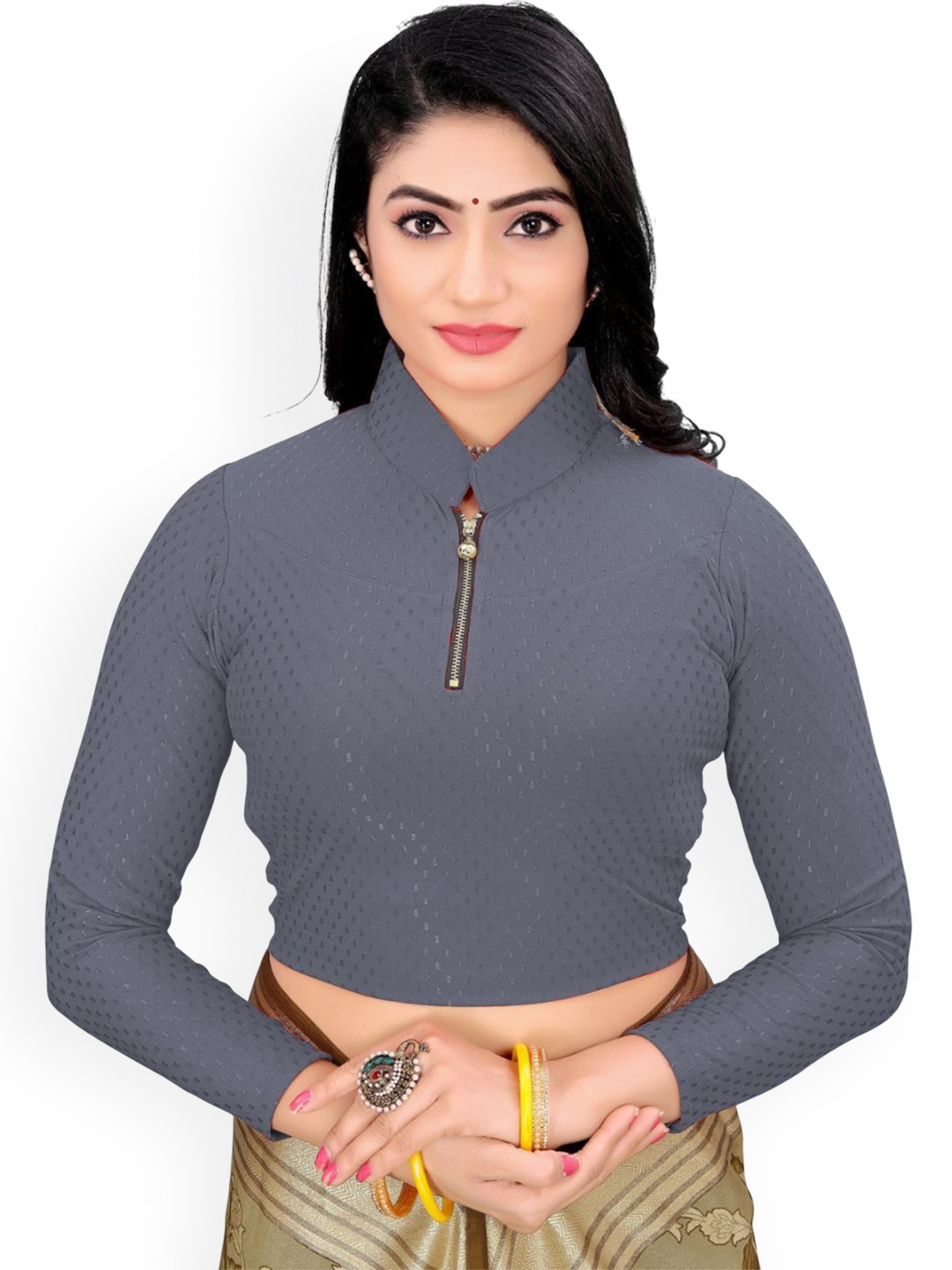 

SS Sanket Synthetics Textured Dobby Zipper Full Sleeved Saree Blouse, Grey