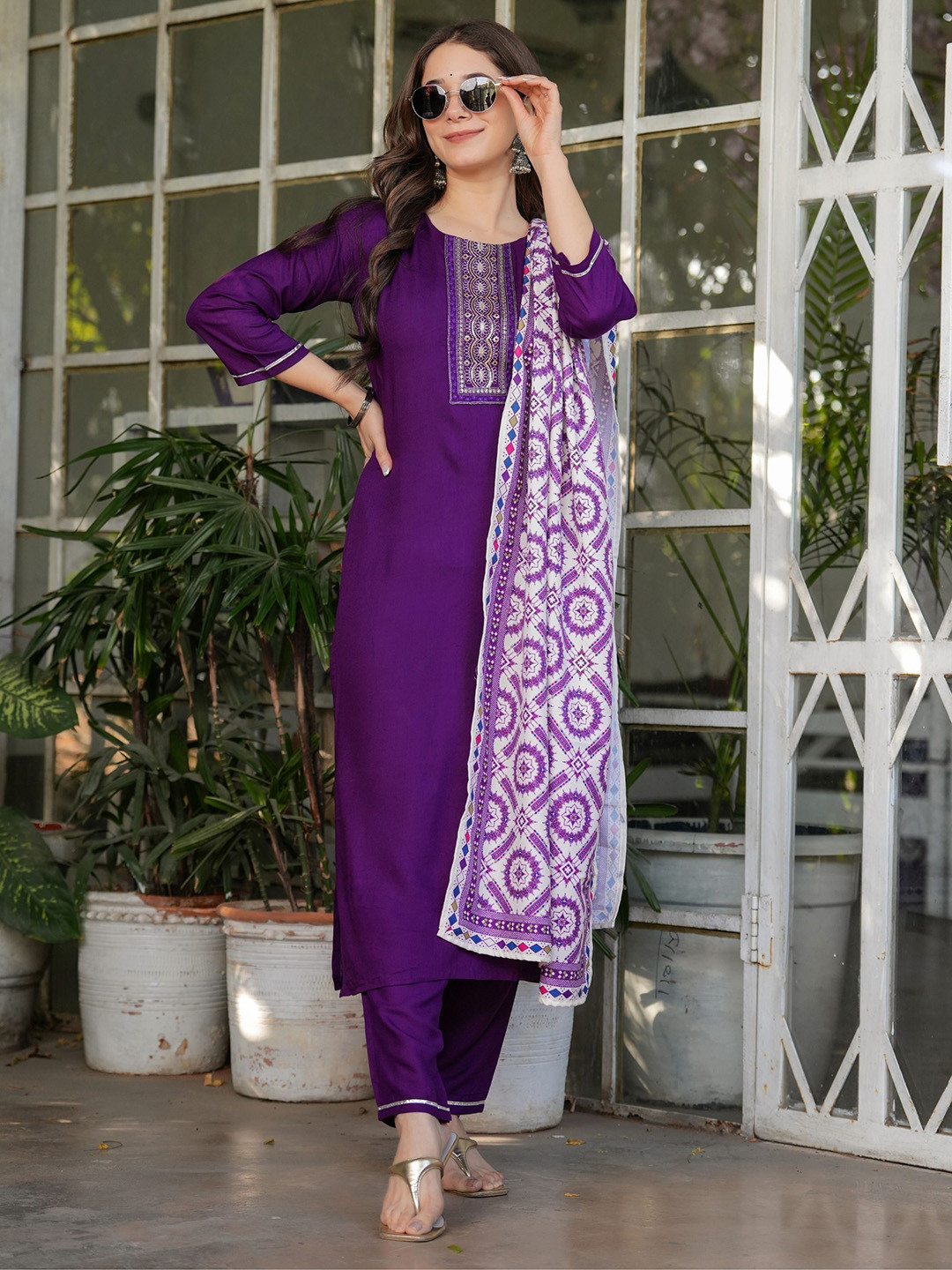 

NIZA FASHION Women Ethnic Motifs Embroidered Regular Sequinned Kurta with Trousers & With Dupatta, Purple