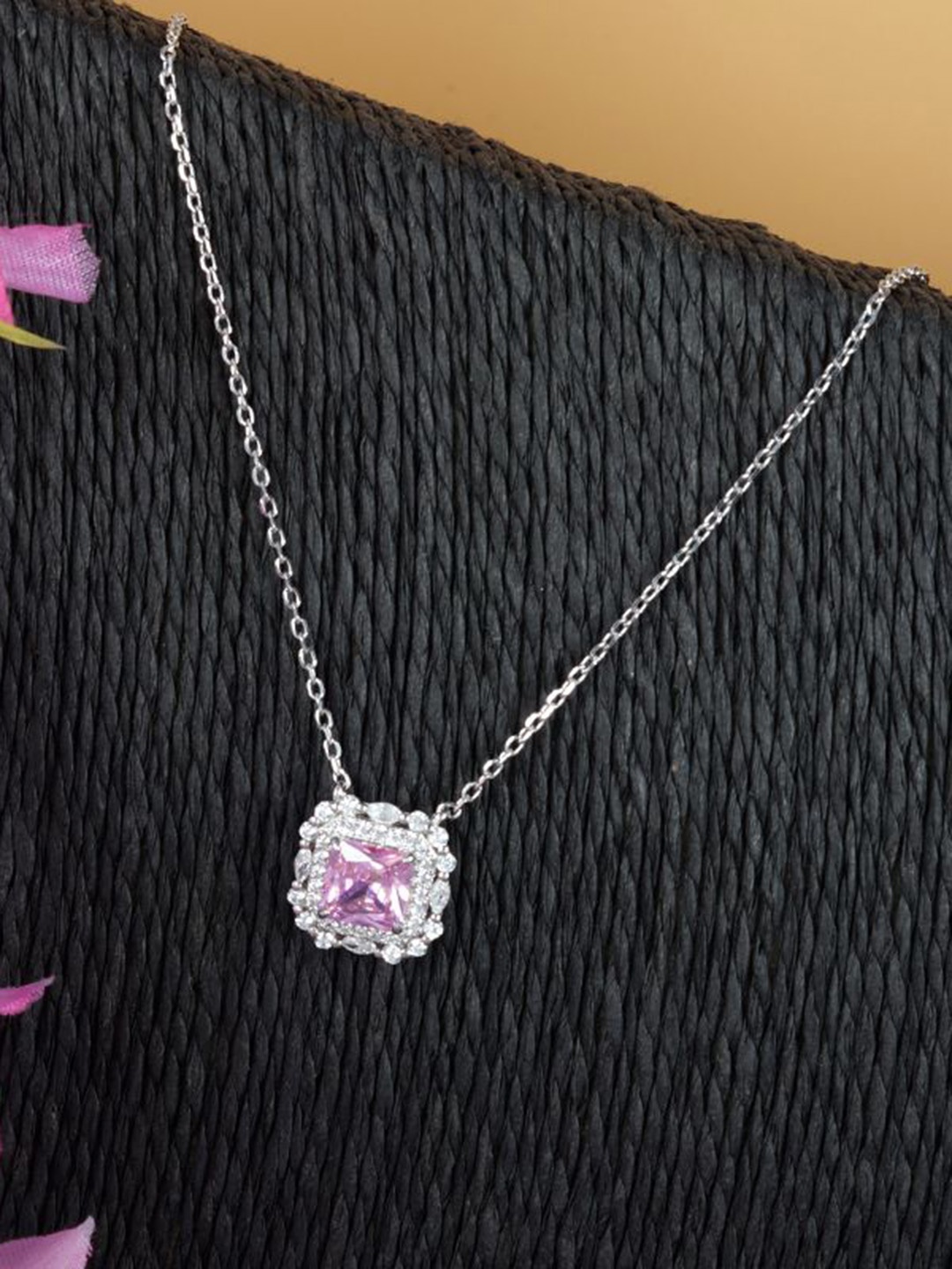 

Tuanz Silver Jewelry 925 Silver Rhodium-Plated Artificial Stone Studded Pendant with Chain