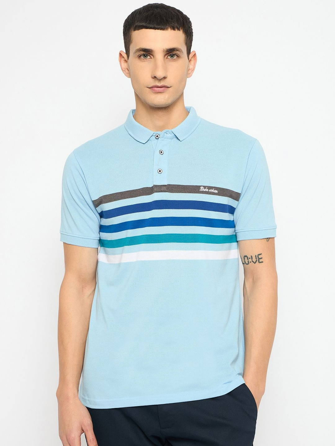

Duke Men Striped Polo Collar Pockets Slim Fit T-shirt, Blue