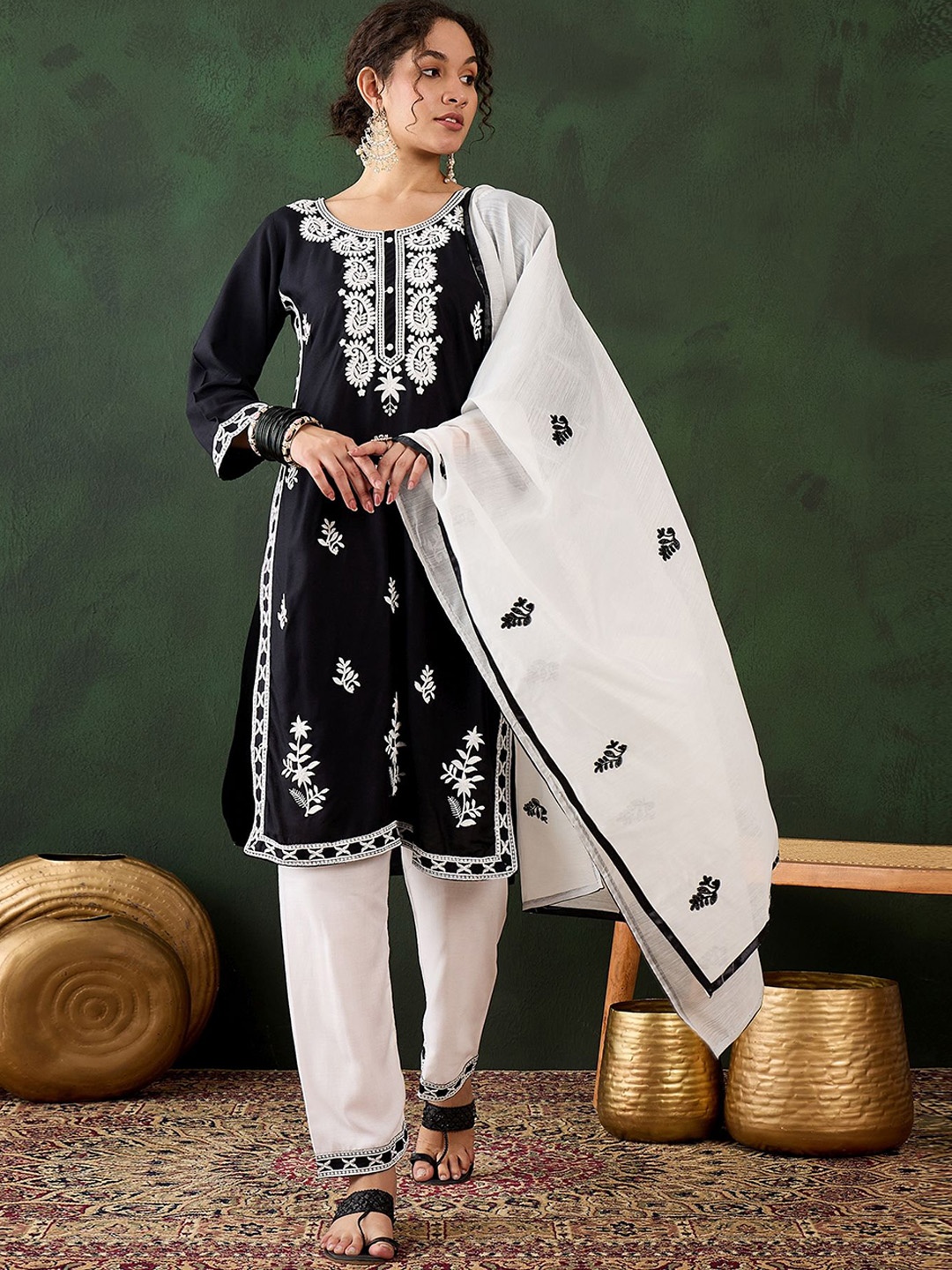 

Maroosh Paisley Embroidered Round Neck Thread Work Straight Kurta With Trouser & Dupatta, Black