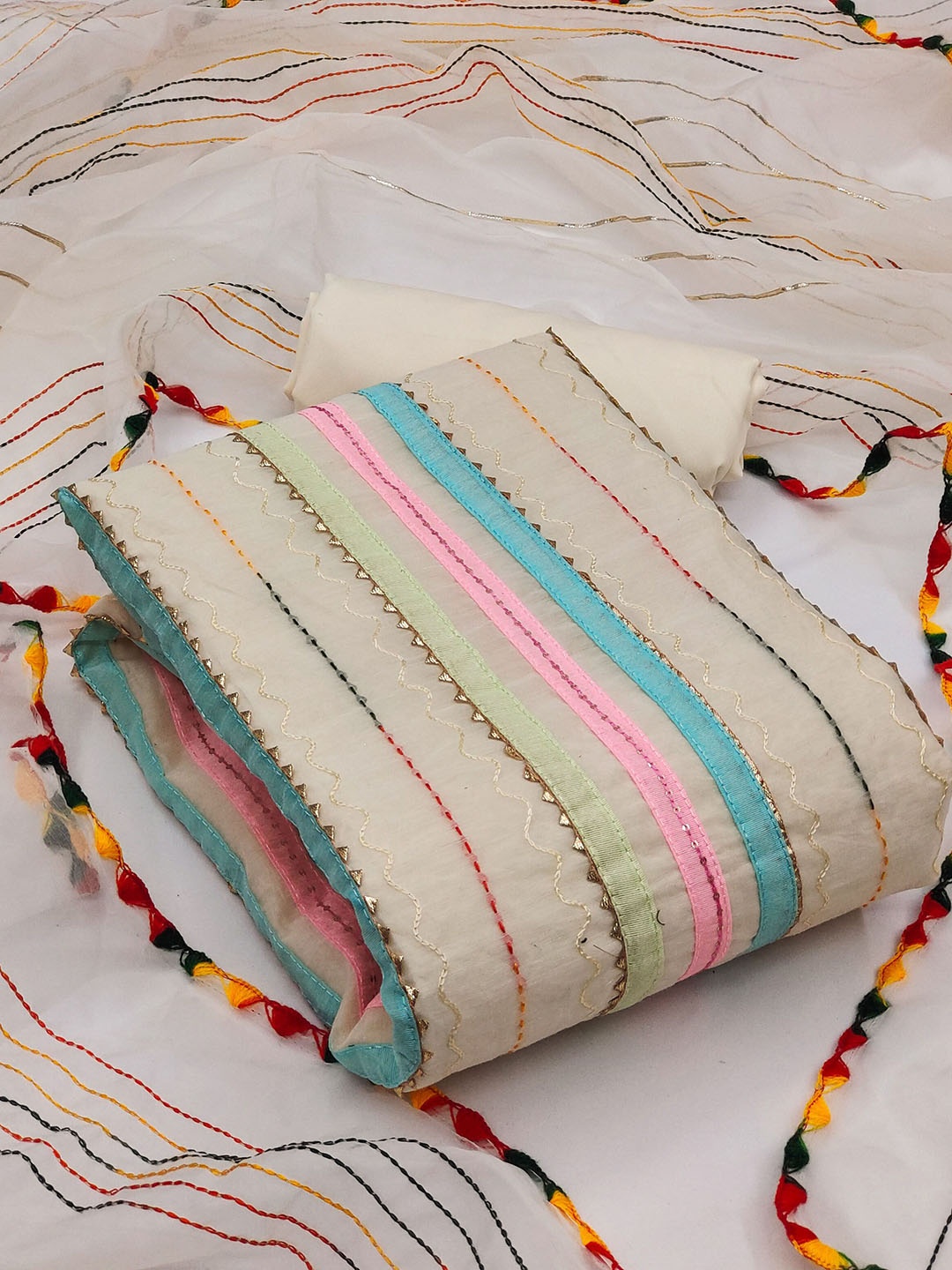 

SAINOOR Striped Embroidered Unstitched Dress Material, Off white