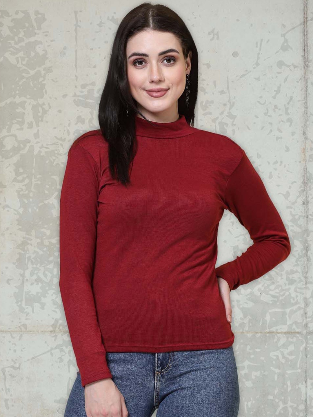 

all about you Women Ribbed High Neck Long Sleeves Top, Maroon