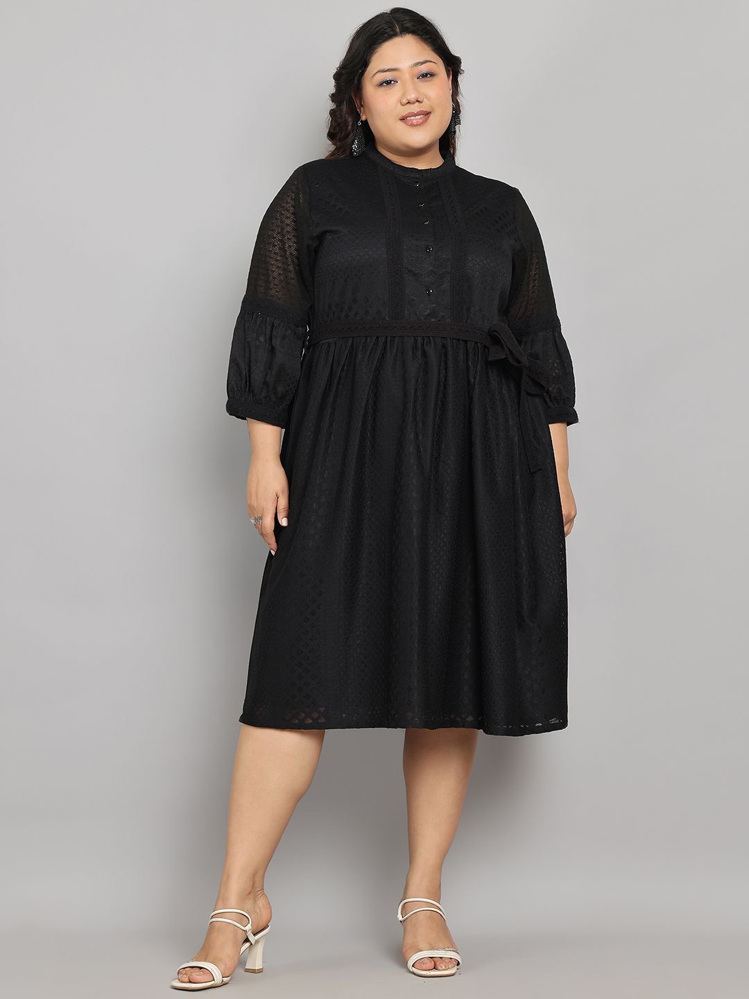 

Tulsattva Solid Puff Sleeve Fit & Flare Midi Dress, Black