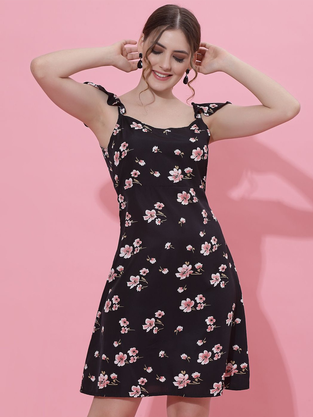 

Oomph! Floral Print Ruffled Crepe A-Line Mini Dress, Black