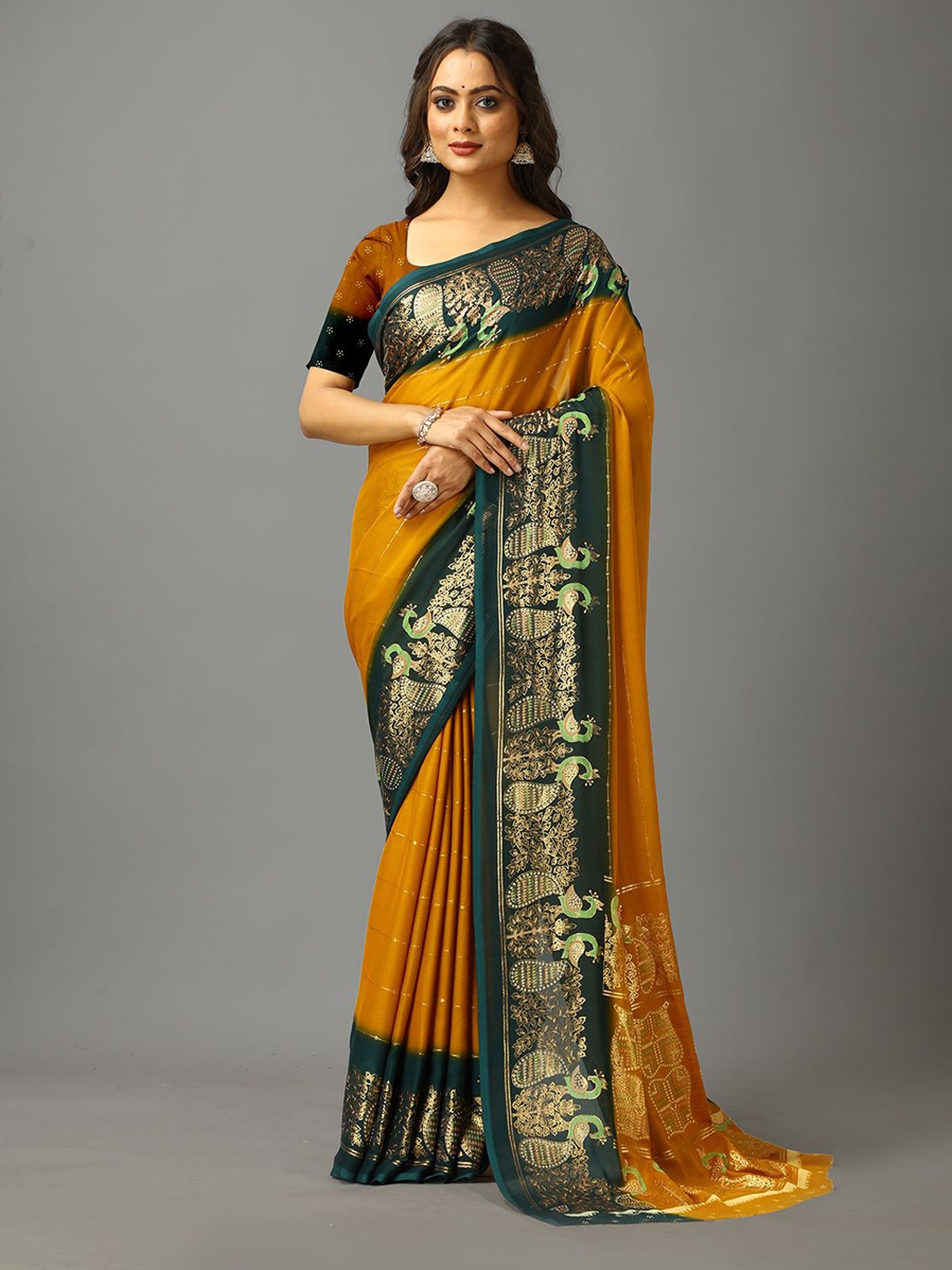 

NIRMAL CREATION Striped Zari Pure Crepe Saree, Yellow