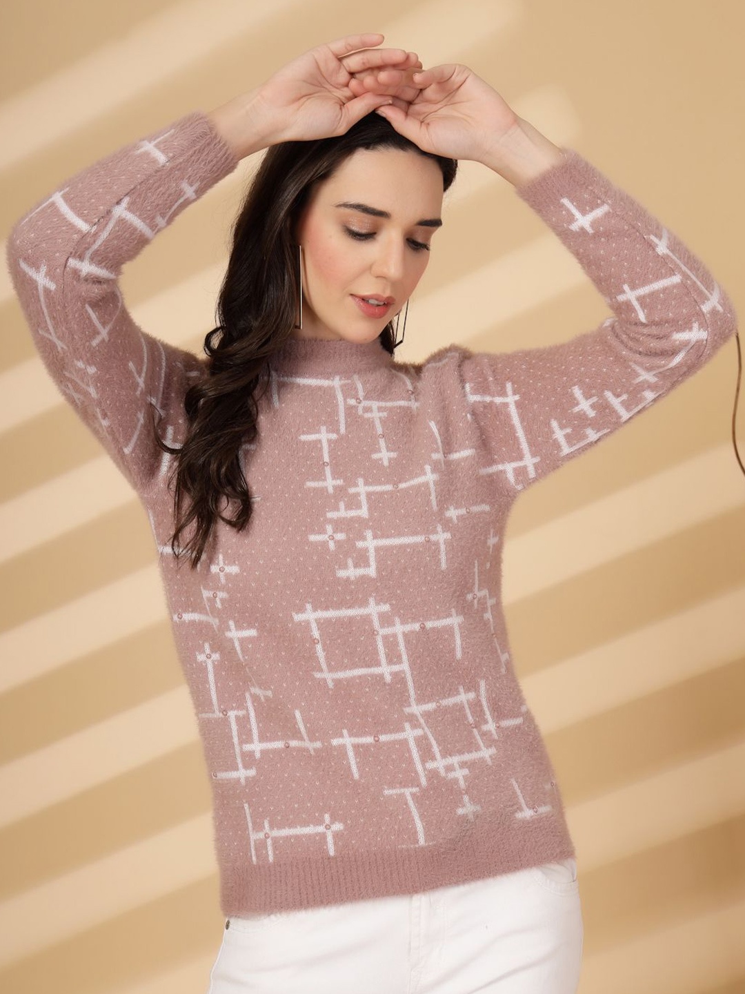 

all about you Geometric Halter Neck Woollen Top, Peach
