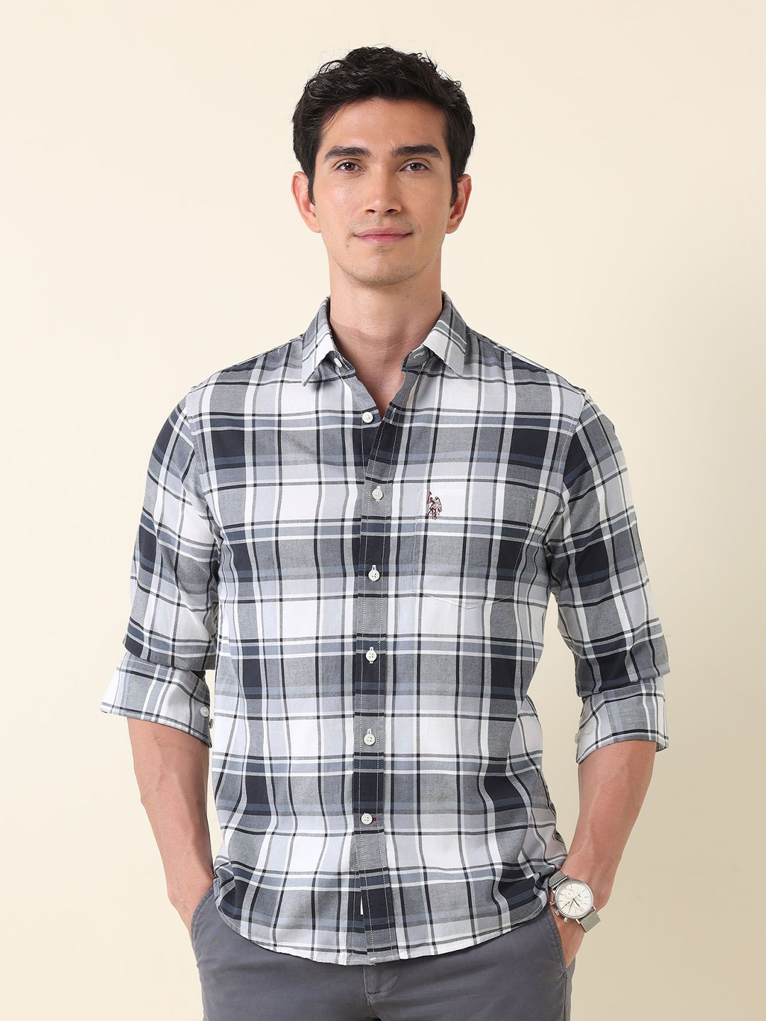 

U.S. Polo Assn. Men Tailored Fit Opaque Checked Casual Shirt, Grey