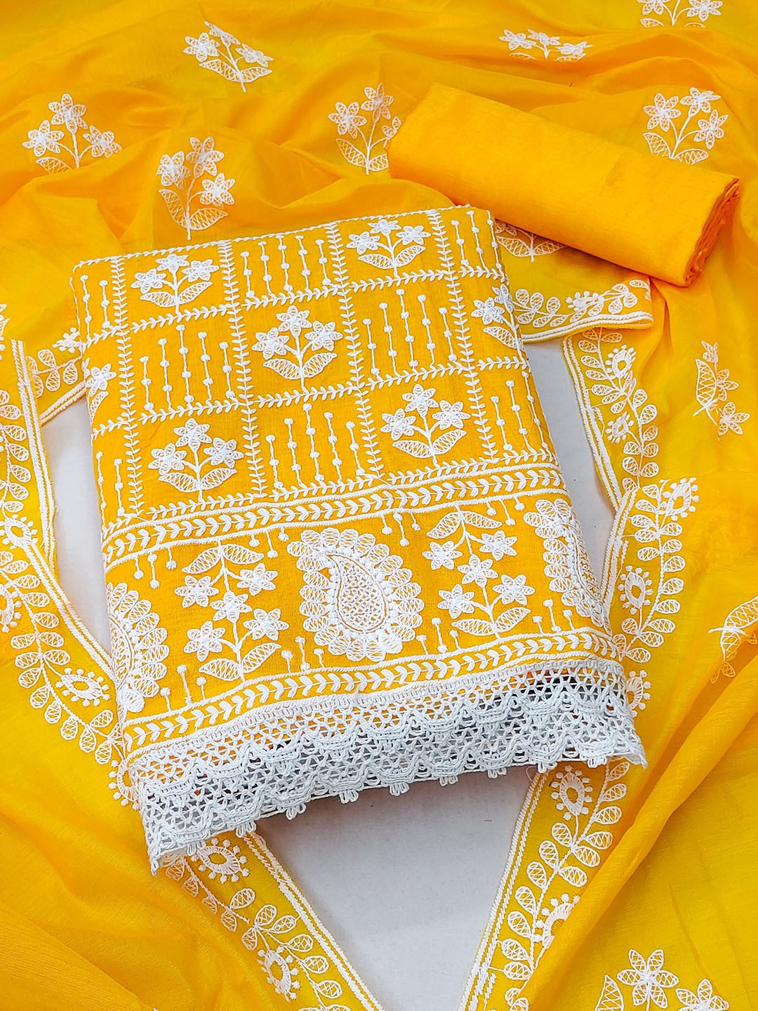 

SAINOOR Floral Zari Embroidered Chanderi Cotton Unstitched Dress Material, Yellow