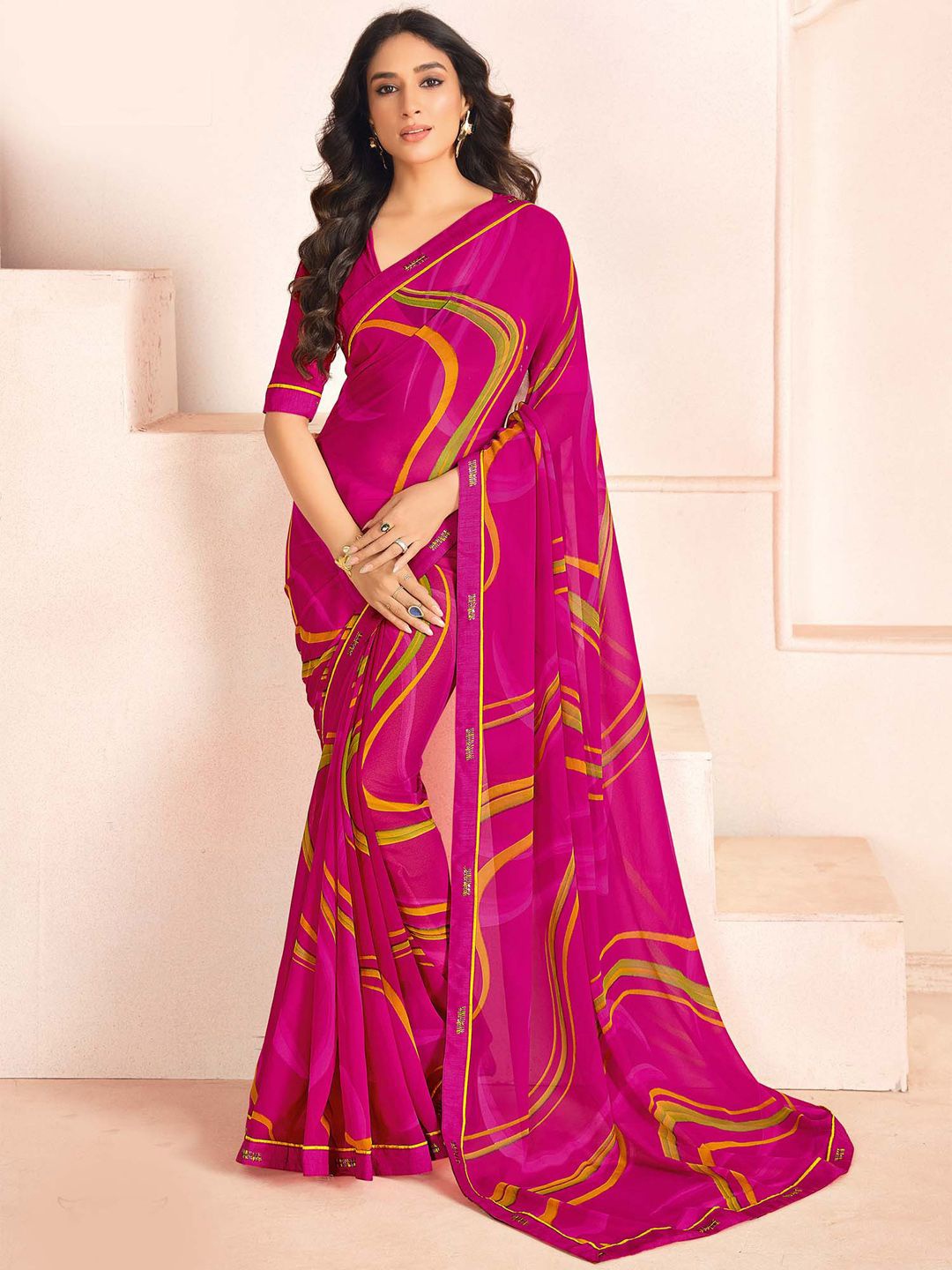 

Saree mall Sequinned Poly Georgette Leheriya Sarees, Pink