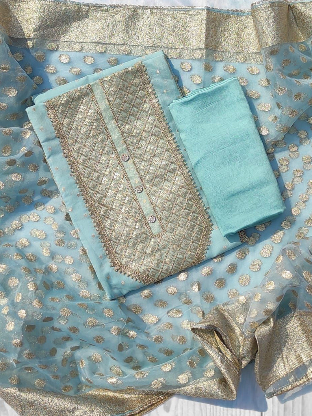 

GC 80 BY GAURI COLLECTION Woven Design Sequinned Organza Unstitched Dress Material, Blue