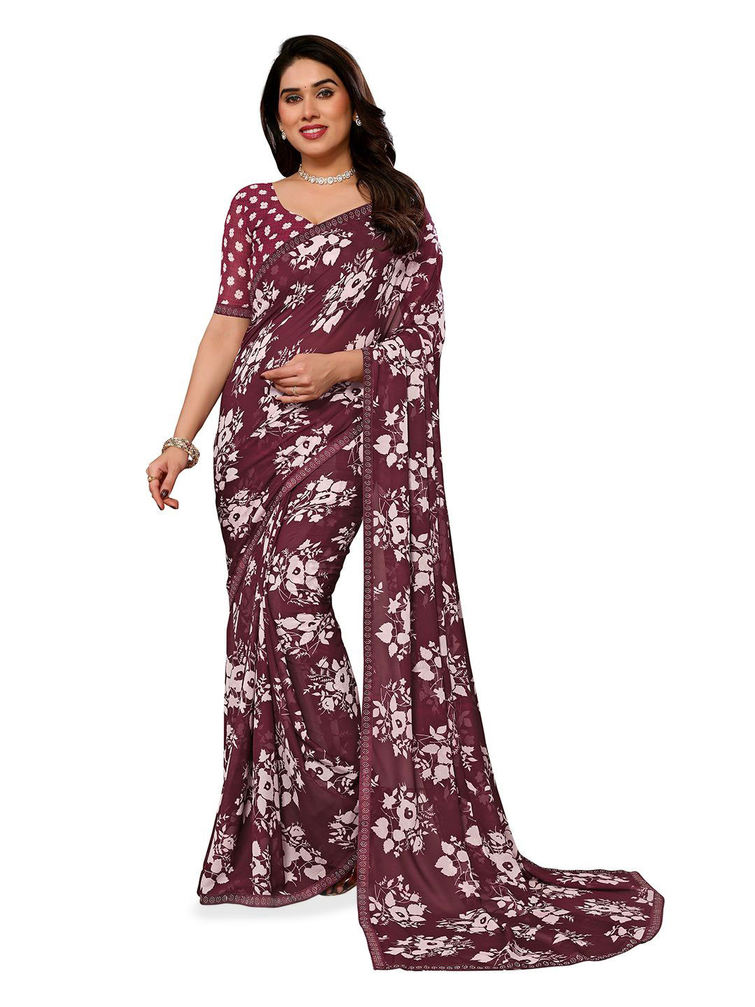 

Moda Rapido Floral Beads and Stones Poly Georgette Designer Saree, Brown