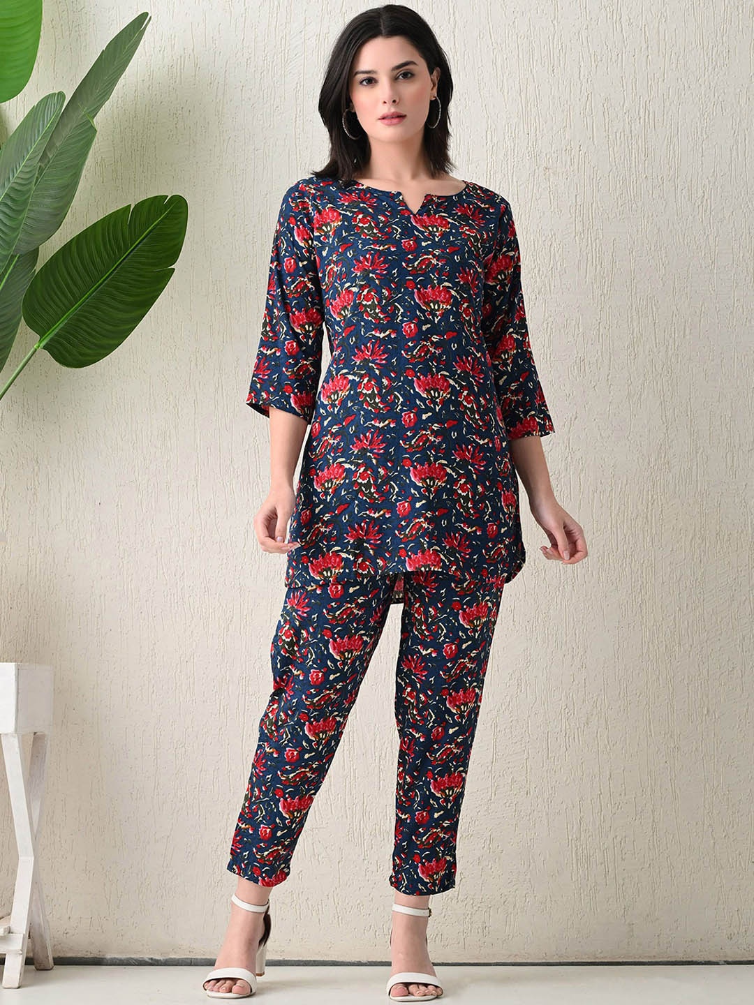 

SILAKIVA Floral Printed Notch Neck Tunic & Trouser, Teal