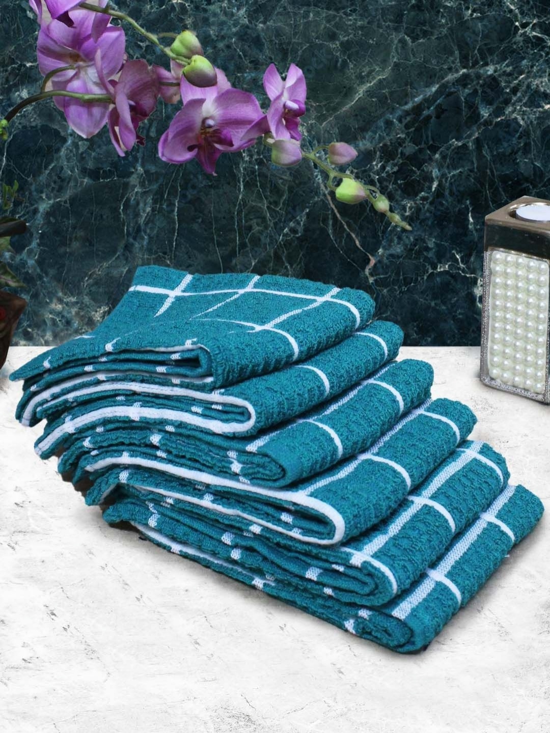 

Aura Blue & White 6 Pieces Checked Pure Cotton Super Absorbent & Quick Dry Hand Towels