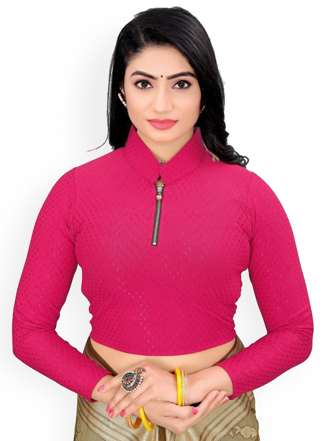 

SS Sanket Synthetics Textured Dobby Zipper Full Sleeved Saree Blouse, Magenta