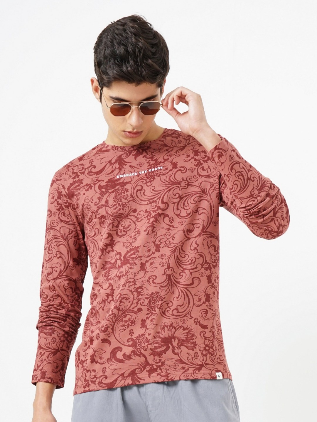 

Genoa Men Floral Printed Slim Fit T-shirt, Rust