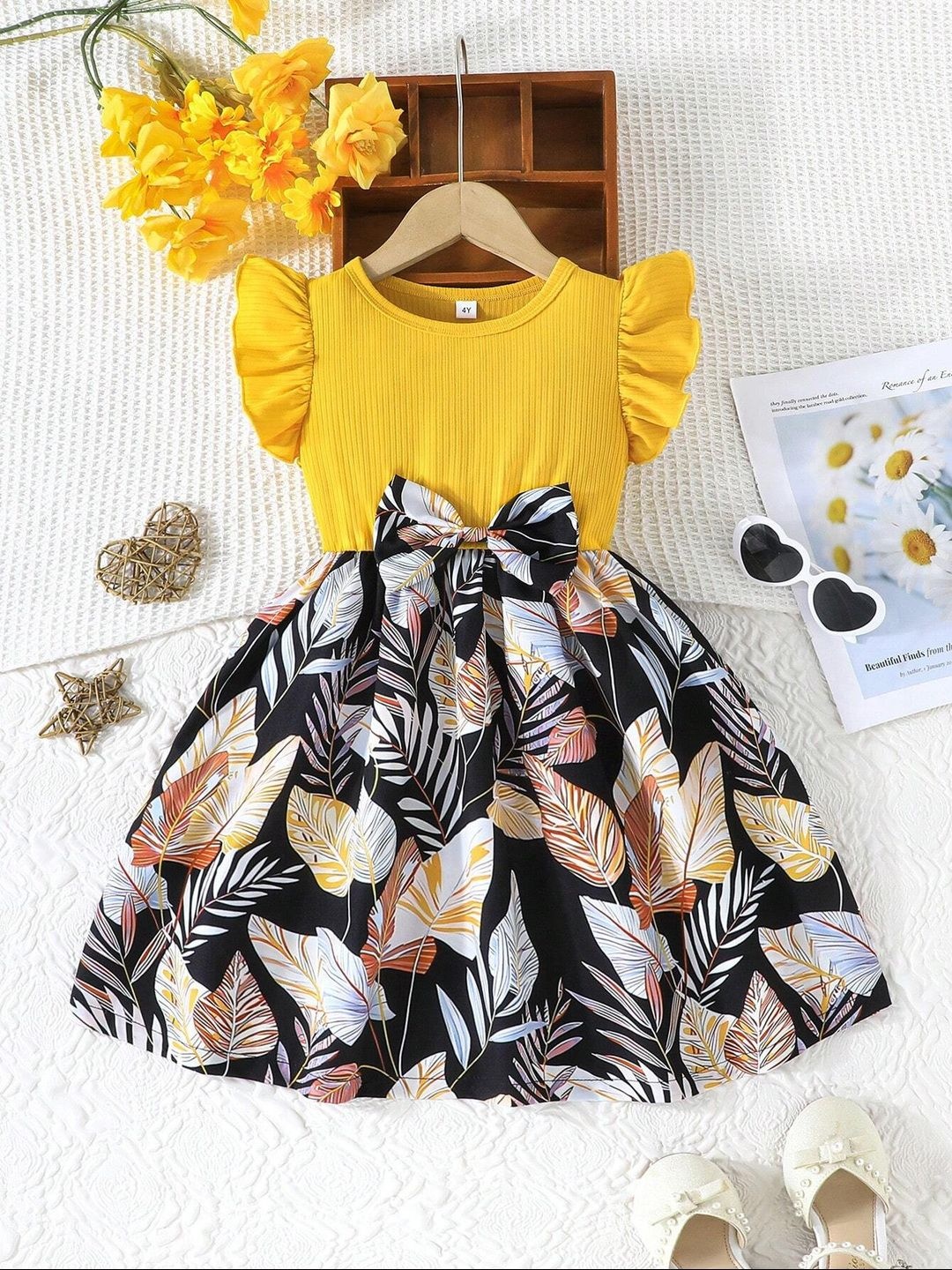 

BAESD Floral Print Flutter Sleeve A-Line Dress, Yellow