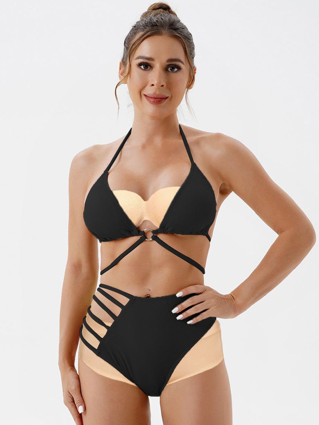 

FIMBUL Self Design Halter Neck Triangle Side Panty Bikini Set, Black