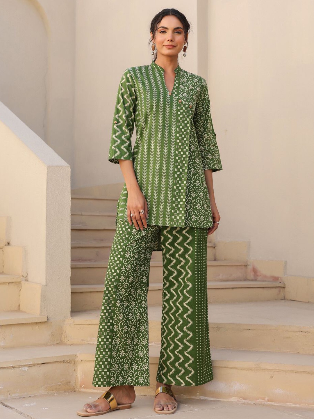 

JISORA Printed Pure Cotton Top & Trouser Co-ord Set, Green