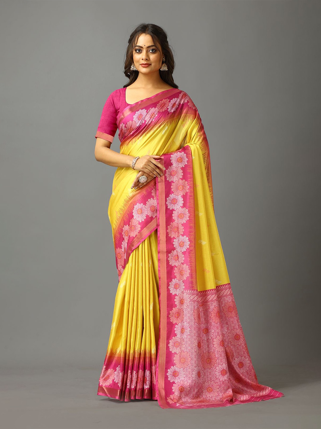 

NIRMAL CREATION Floral Printed Border Pure Crepe Saree, Yellow