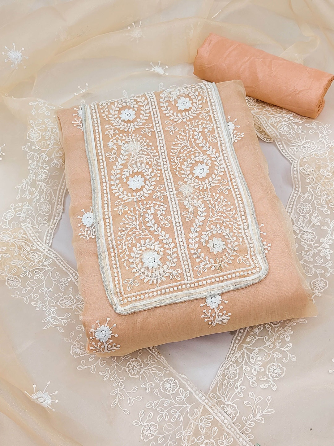 

SAINOOR Embroidered Thread Work Organza Unstitched Dress Material, Peach