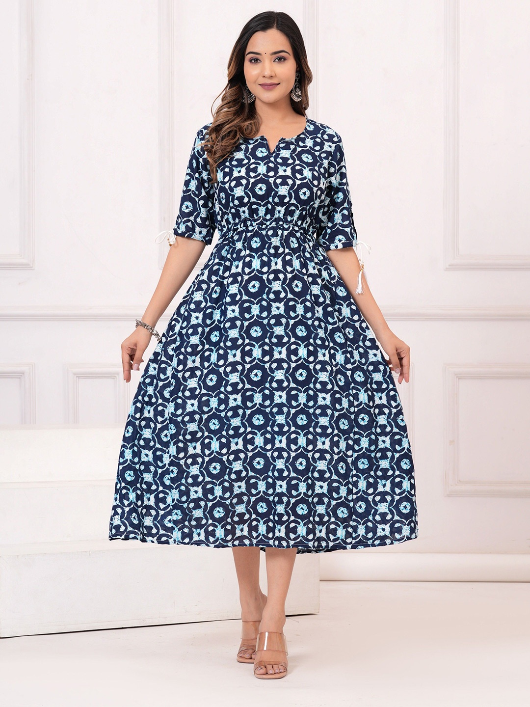 

NEKU FASHOIN Printed Fit & Flare Midi Dress, Blue