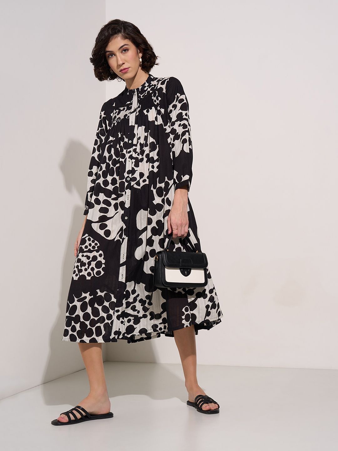 

AKKRITI BY PANTALOONS Floral A-Line Midi Dress, Black