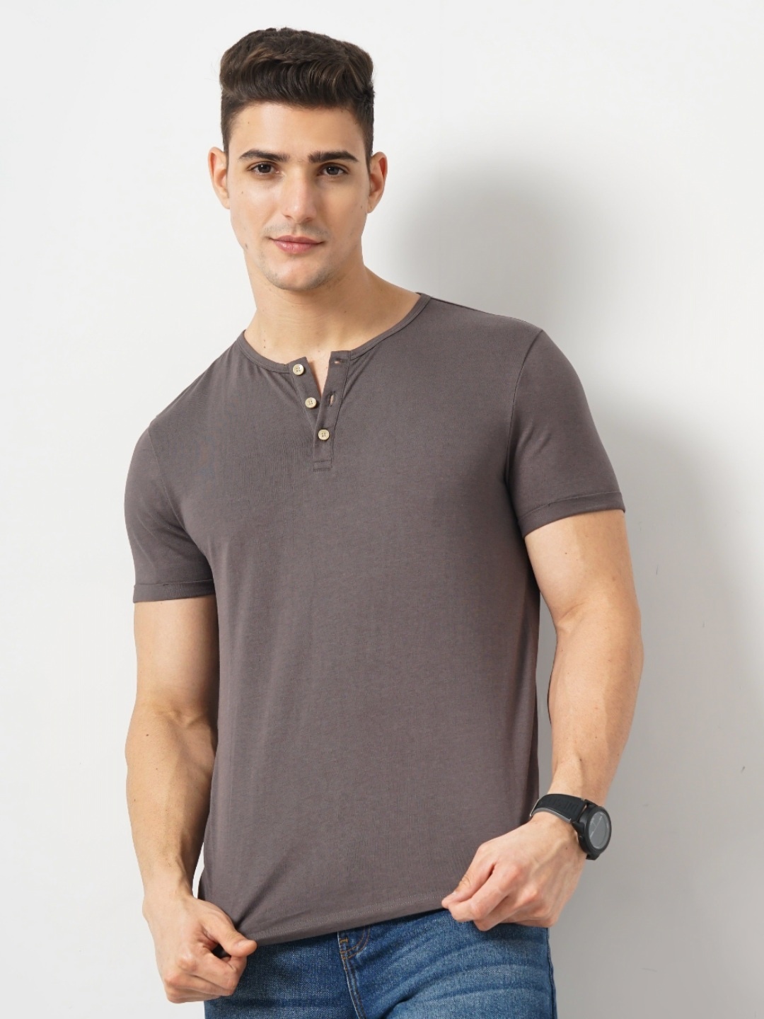 

Genoa Men Henley Neck Slim Fit T-shirt, Grey