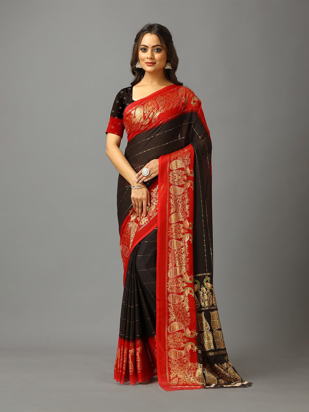 

A.V.M. SILK MILLS Striped Pure Crepe Saree, Coffee brown