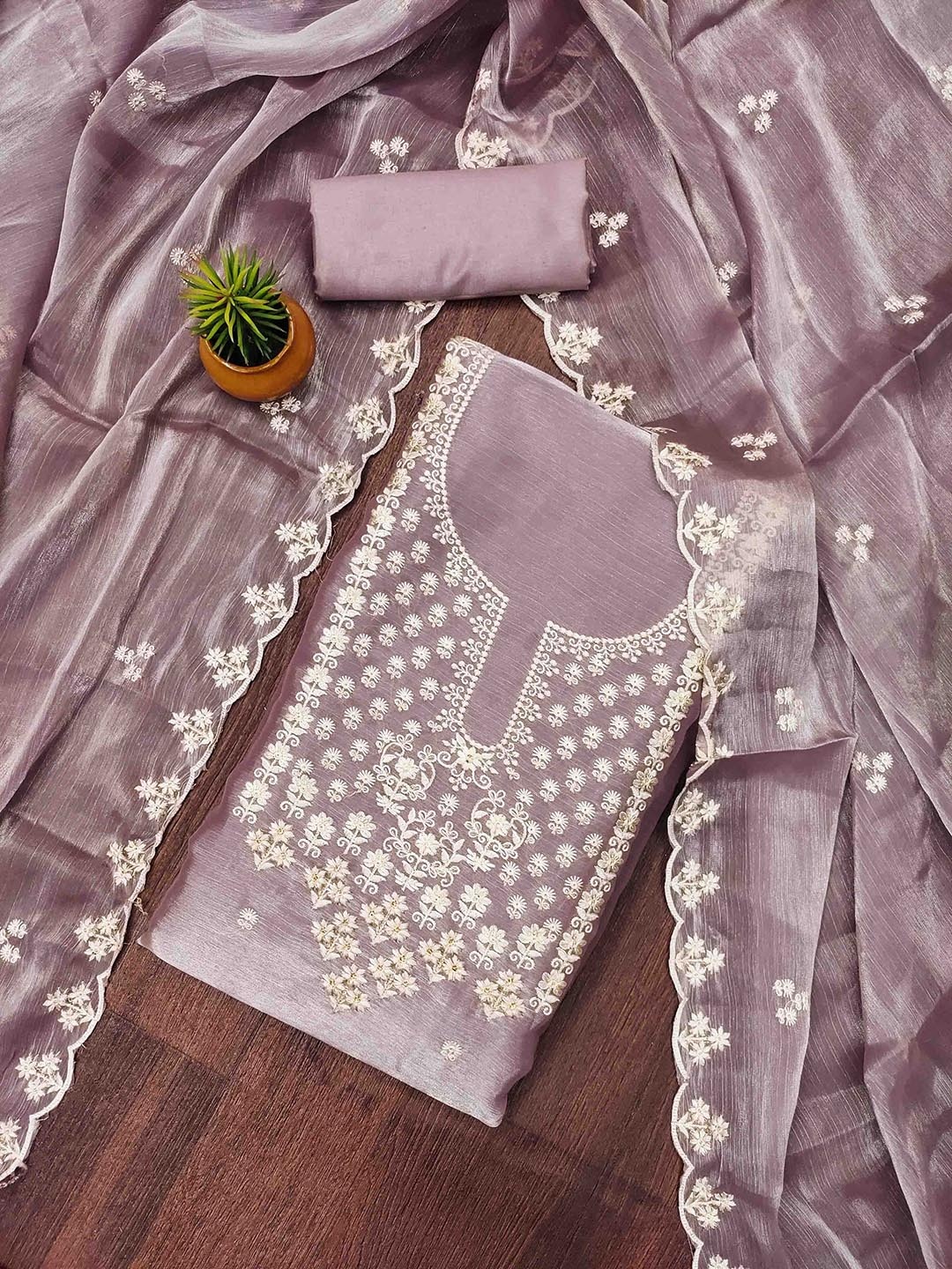 

KALINI Embroidered Silk Chiffon Unstitched Dress Material, Lavender