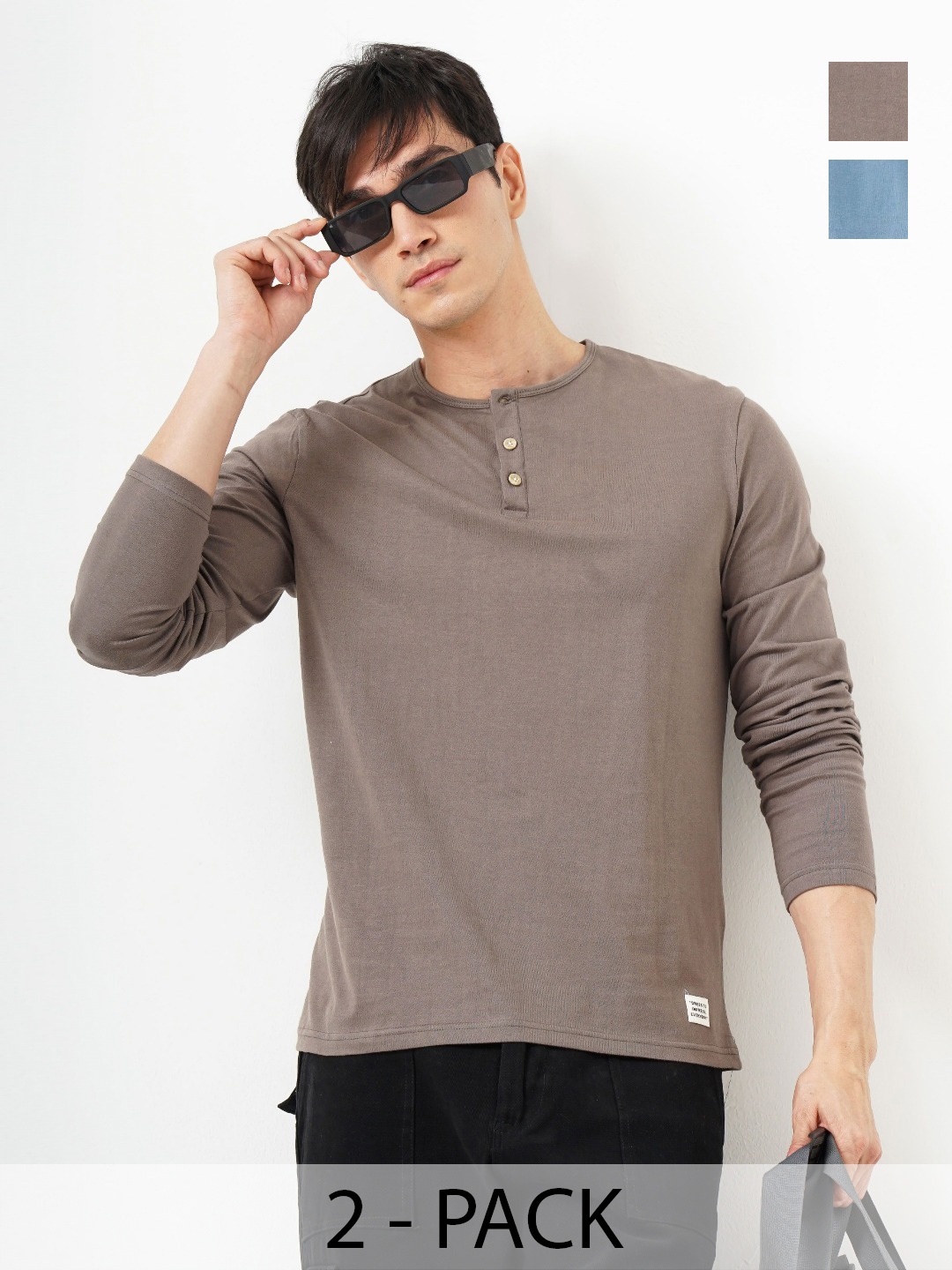 

Genoa Men Pack of 2 Solid Henley Neck Cotton T-shirts, Green