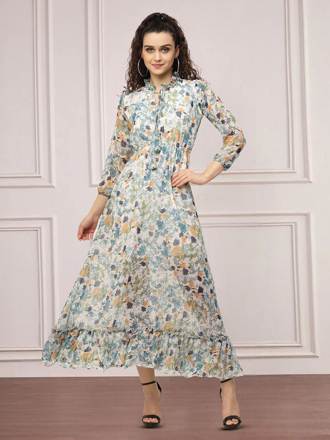 

Moda Rapido Floral Print Tie-Up Neck Applique Fit & Flare Dress, Multi