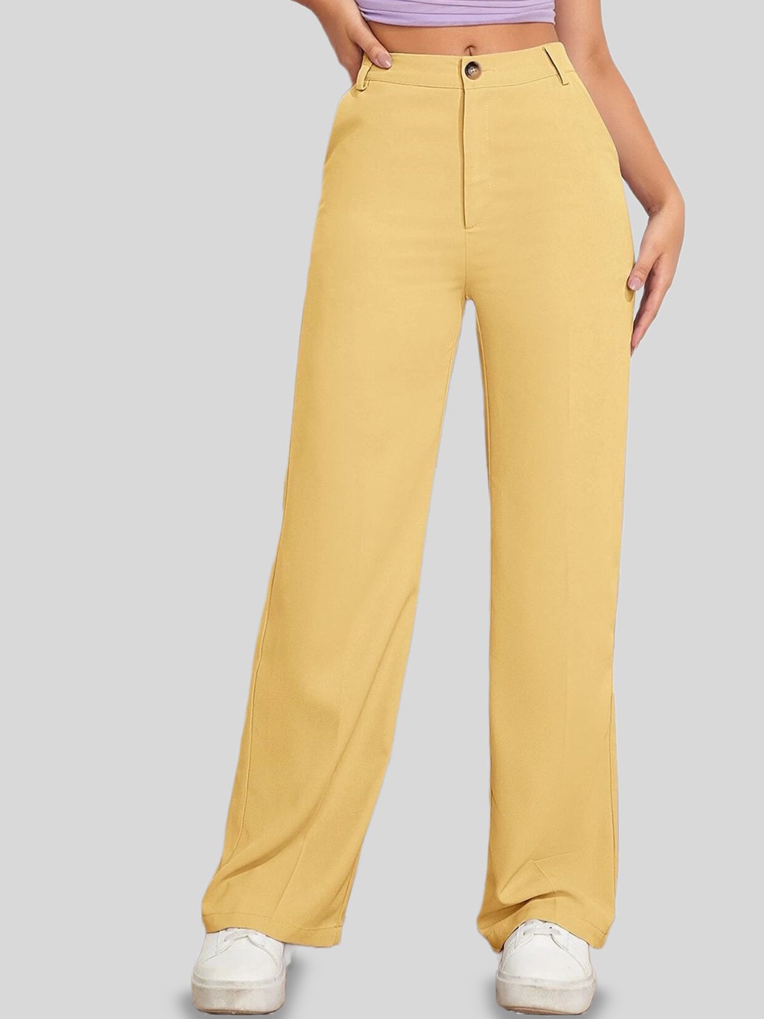 

FNOCKS Women Relaxed Straight Leg Straight Fit High-Rise Trousers, Yellow