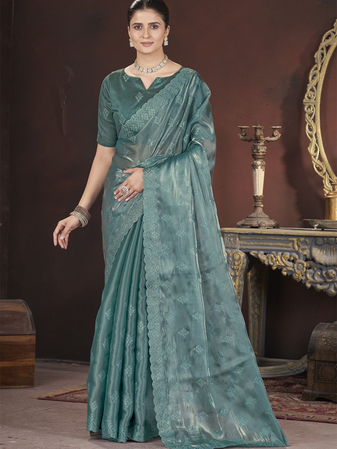 

Mitera Embellished Embroidered Saree, Green