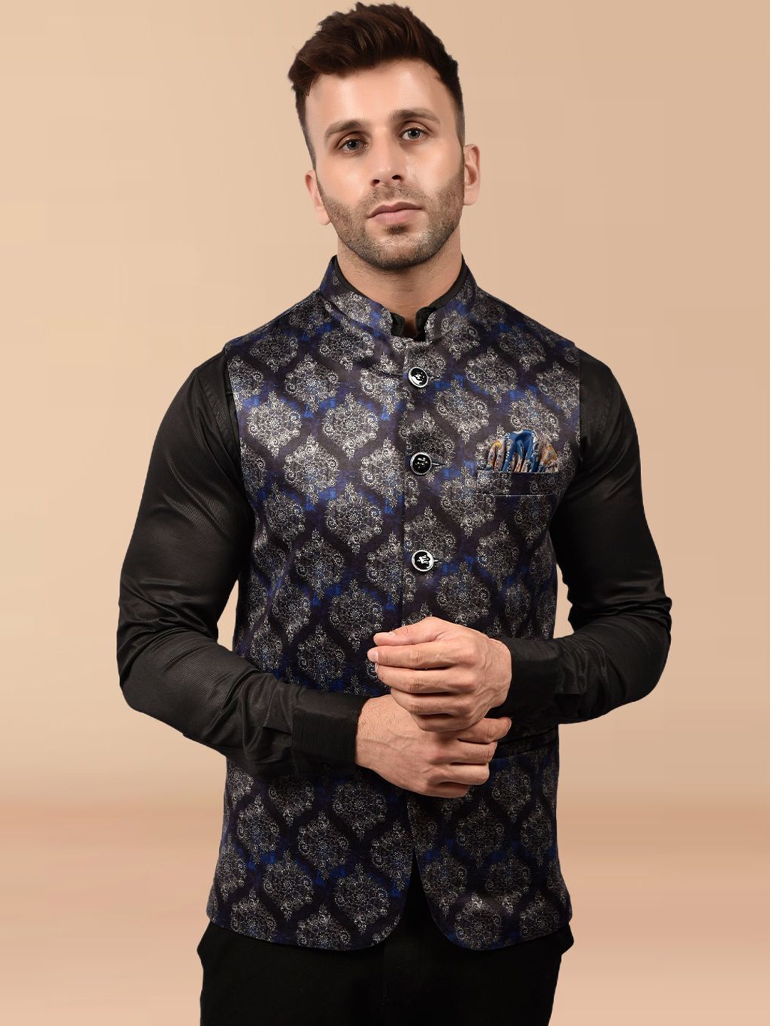 

Moda Rapido Men Printed Nehru Jacket, Black
