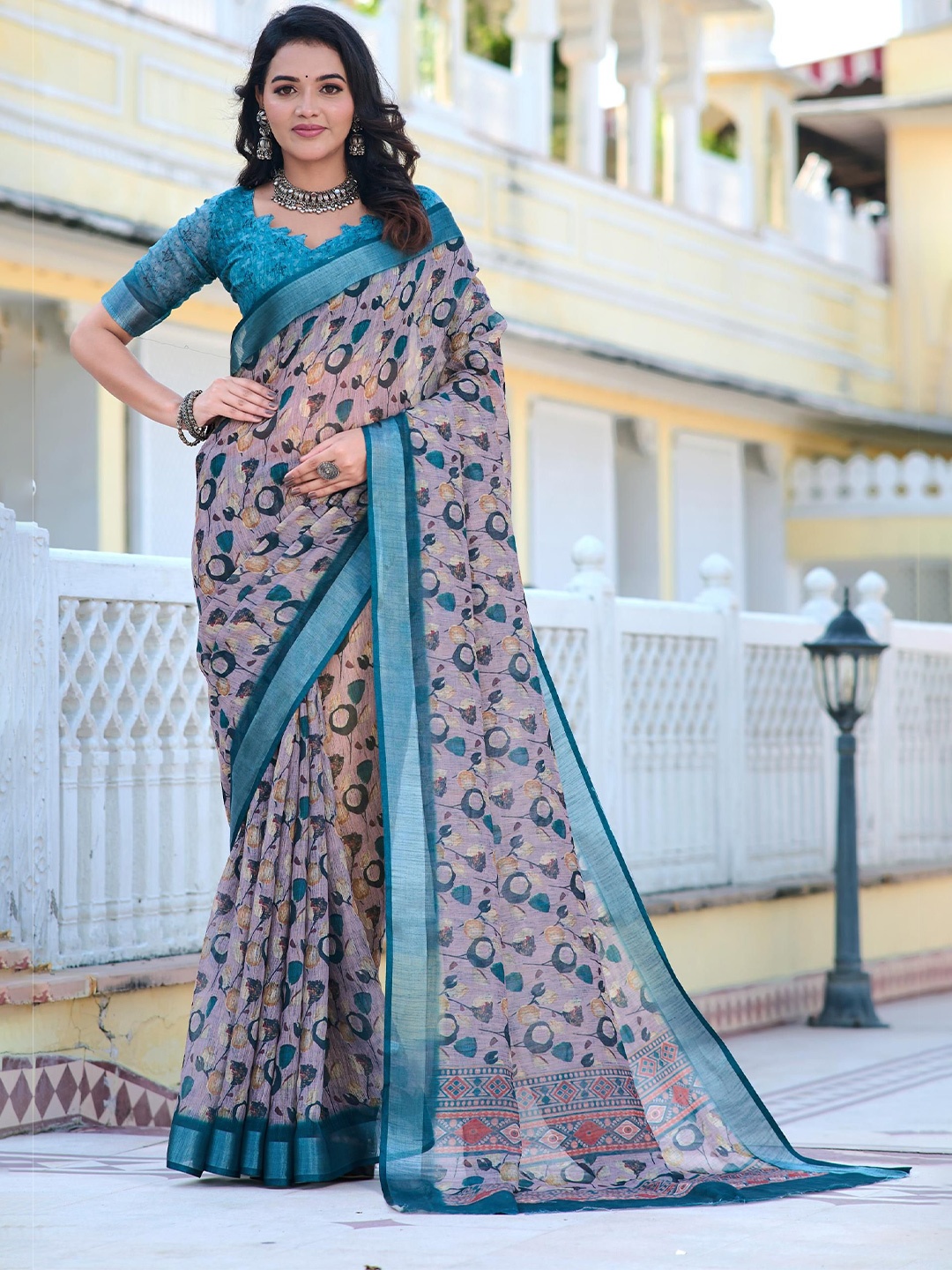 

KALINI Ethnic Motifs Zari Linen Blend Khadi Saree, Teal
