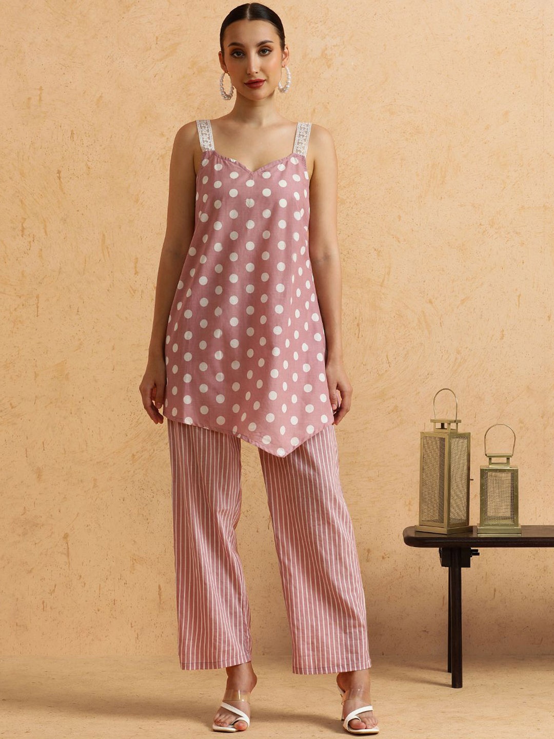 

STYLEBAAZI Polka Dot Printed Sweetheart Neck A-Line Pure Cotton Tunic With Trousers, Pink