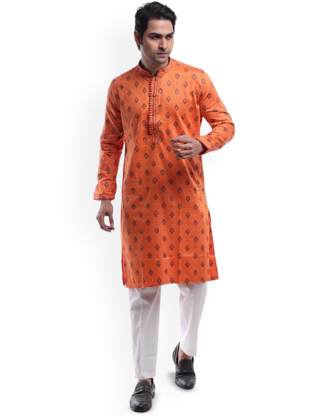 

HAMSAFAR Men Paisley Flared Sleeves Thread Work Dobby Anarkali Kurta, Orange