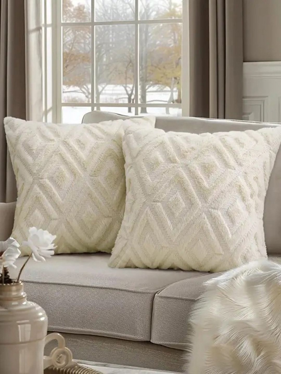 

DecorTwist White Pack of 2 Textured Cotton Soft Throw Square Cushion Covers