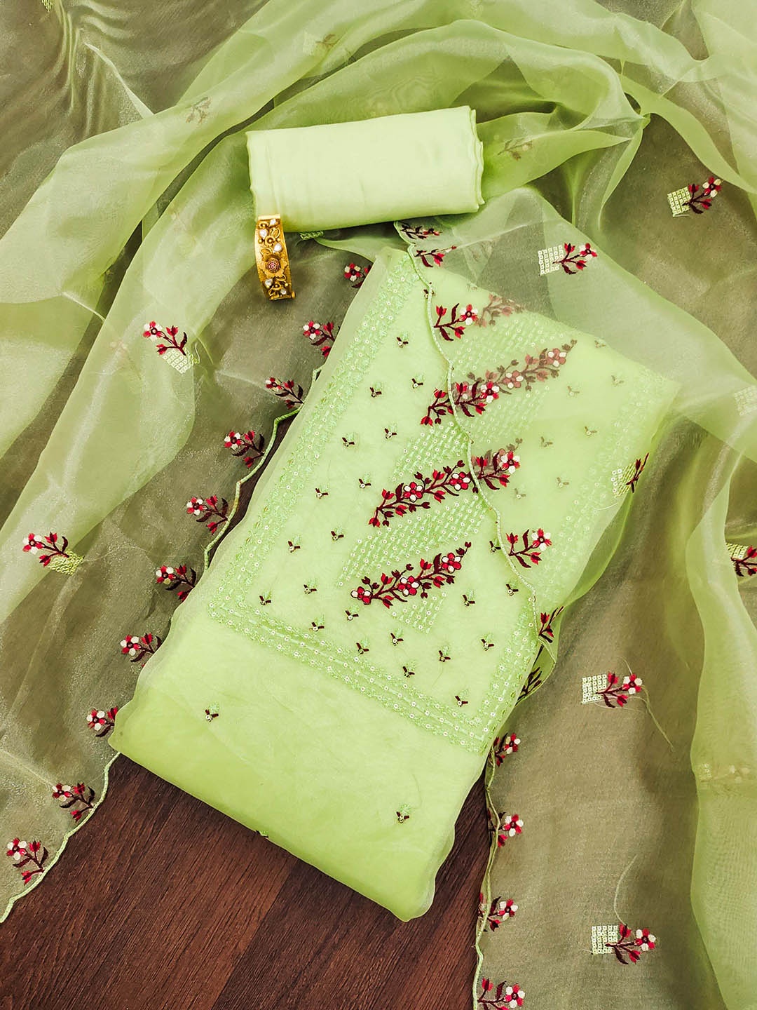 

SAINOOR Floral Embroidered Sequinned Organza Unstitched Dress Material, Green