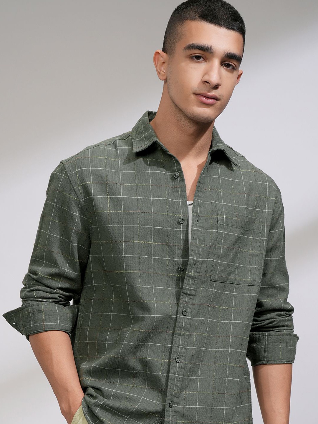 

HIGHLANDER Men Opaque Checked Casual Shirt, Olive