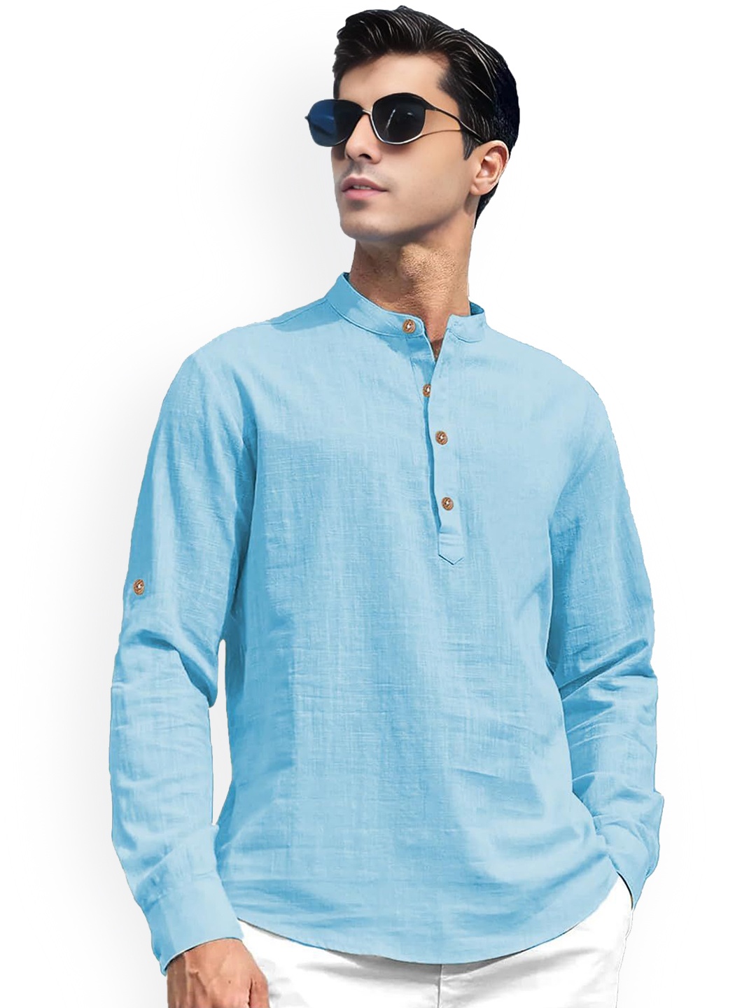 

TrendiVastra Mandarin Collar Cotton Short Kurta, Blue