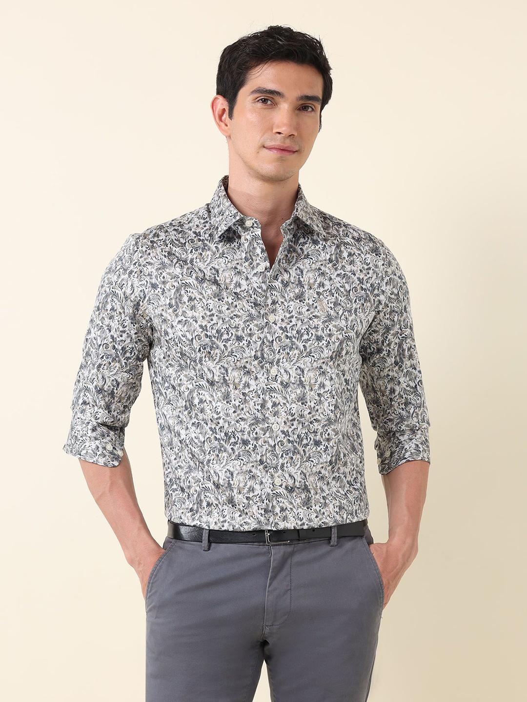 

U.S. Polo Assn. Men Classic Tailored Fit Floral Opaque Printed Formal Shirt, Grey