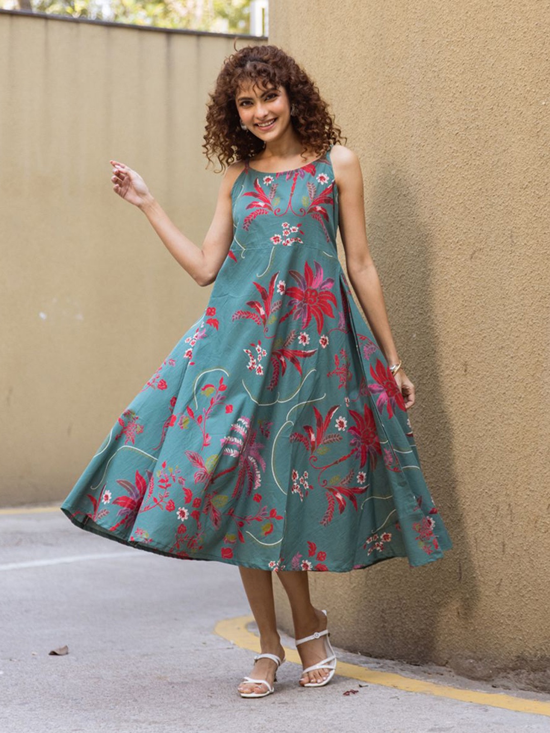 

ARAVALII Floral Print Shoulder Straps Fit & Flare Dress, Green